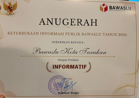 Bawaslu Kota Tarakan Kembali Meraih Penghargaan Keterbukaan Informasi Publik Tahun 2024 dengan Predikat Informatif.